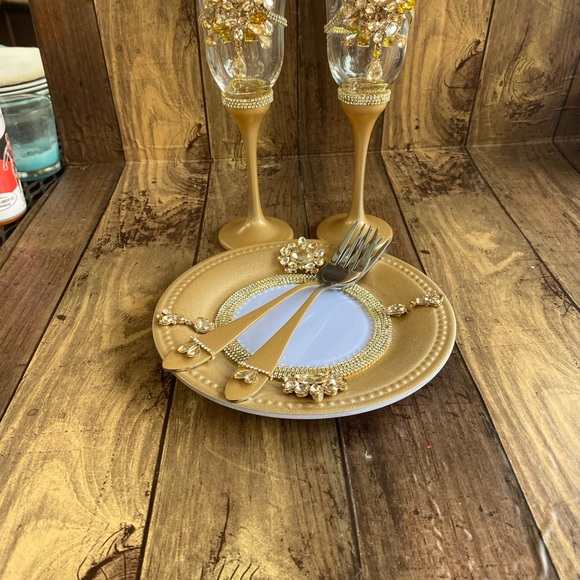 Gold crystalchampagne flutes forks cake plate - Picture 4 of 8